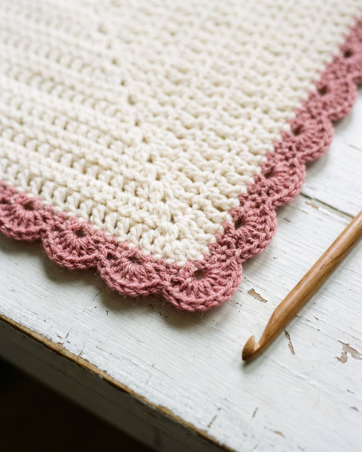 Corner of a cream crochet blanket with a scalloped shell stitch border in dusty rose
