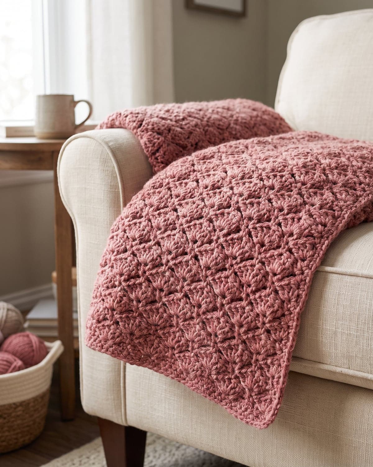 Dusty rose crochet shell stitch blanket draped over the arm of a cream armchair