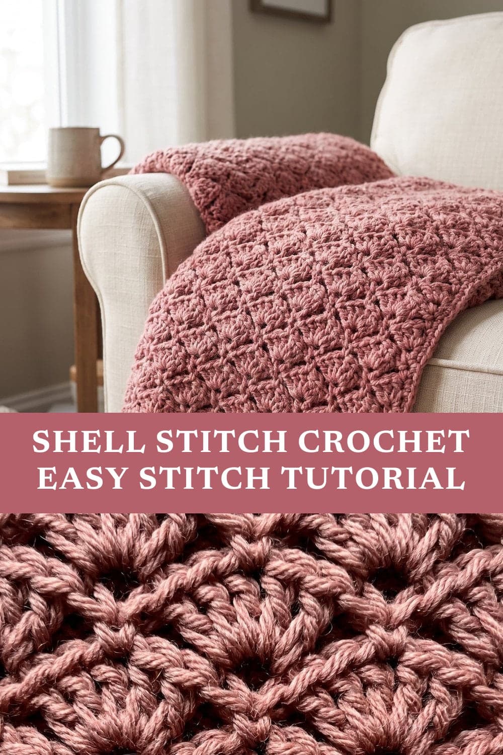 Pin graphic: Shell Stitch Crochet: Easy Tutorial and Shell Border
