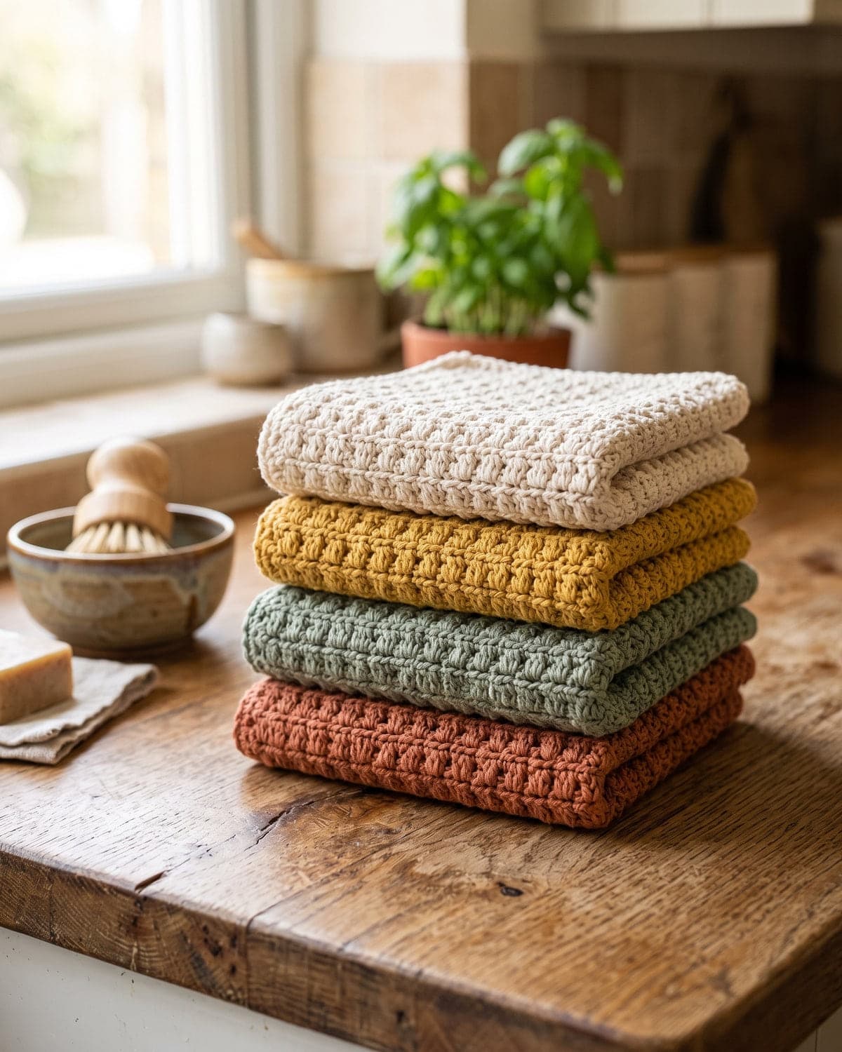 Stack of folded textured crochet dishcloths in cream, mustard, sage and terracotta on a kitchen counter