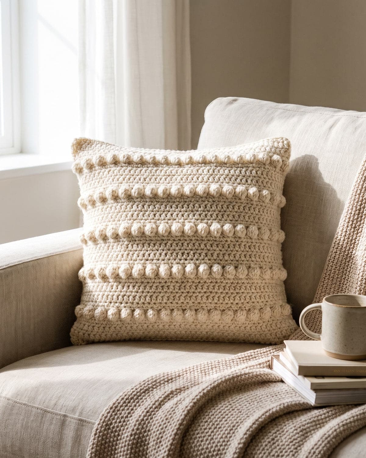 Cream crochet cushion cover with rows of bobbles on a linen sofa