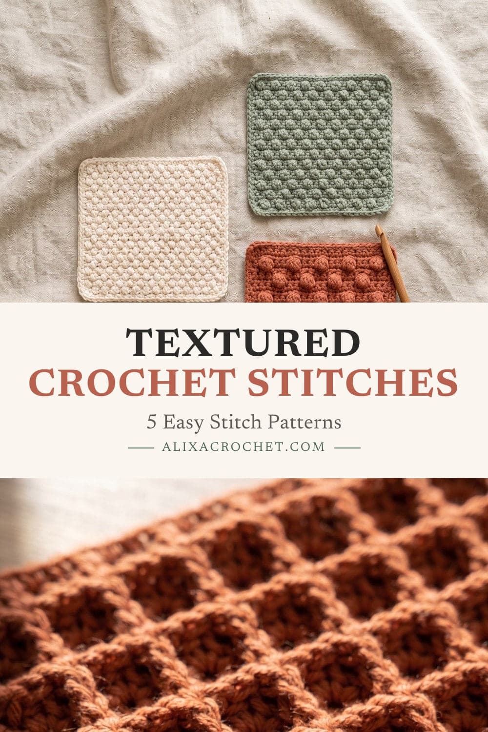 Pin graphic: Textured Crochet Stitches: 5 Easy Stitch Patterns