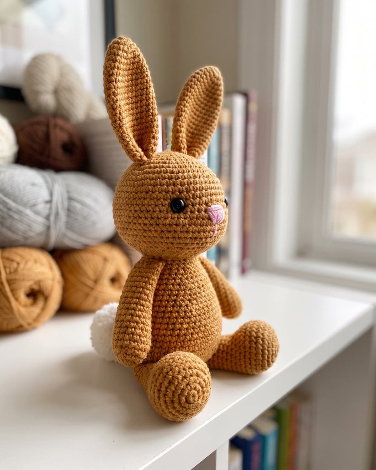 Caramel brown crochet amigurumi bunny with long upright ears and a pink nose sitting on a white shelf