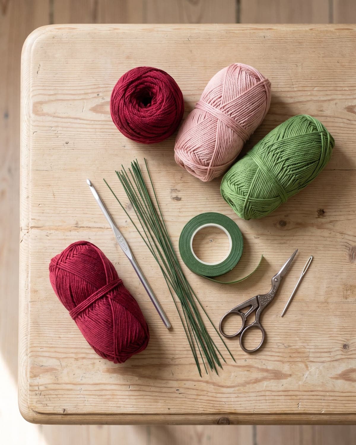 Red, blush pink and green cotton yarn with a crochet hook, floral wire, floral tape, scissors and a needle