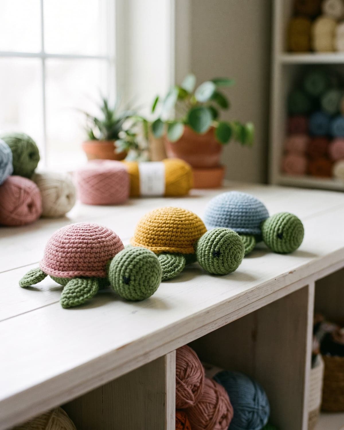 Three crochet amigurumi turtles with pink, mustard and blue shells on a white shelf