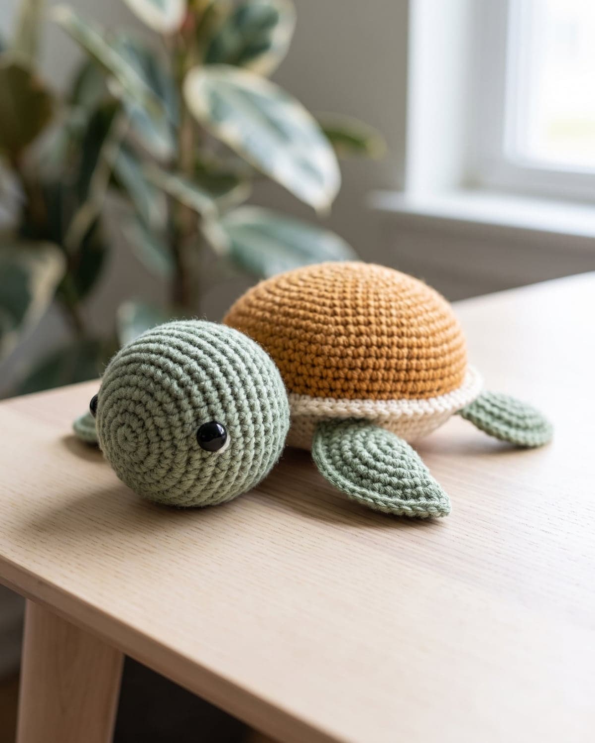 Crochet amigurumi turtle with a sage green head and flippers and a caramel shell on a wooden table