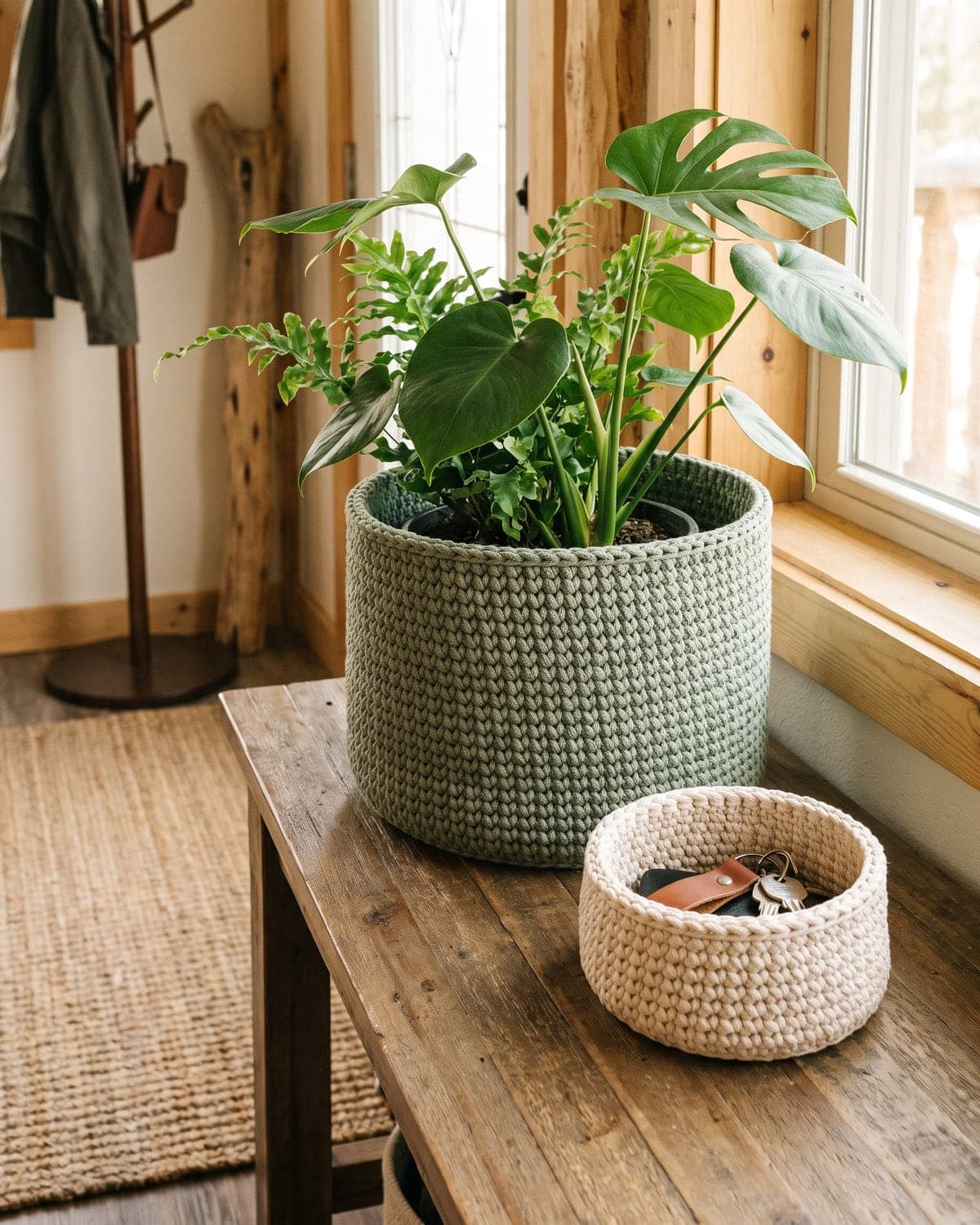 Sage green crochet basket used as a plant pot cover beside a small cream crochet basket holding keys
