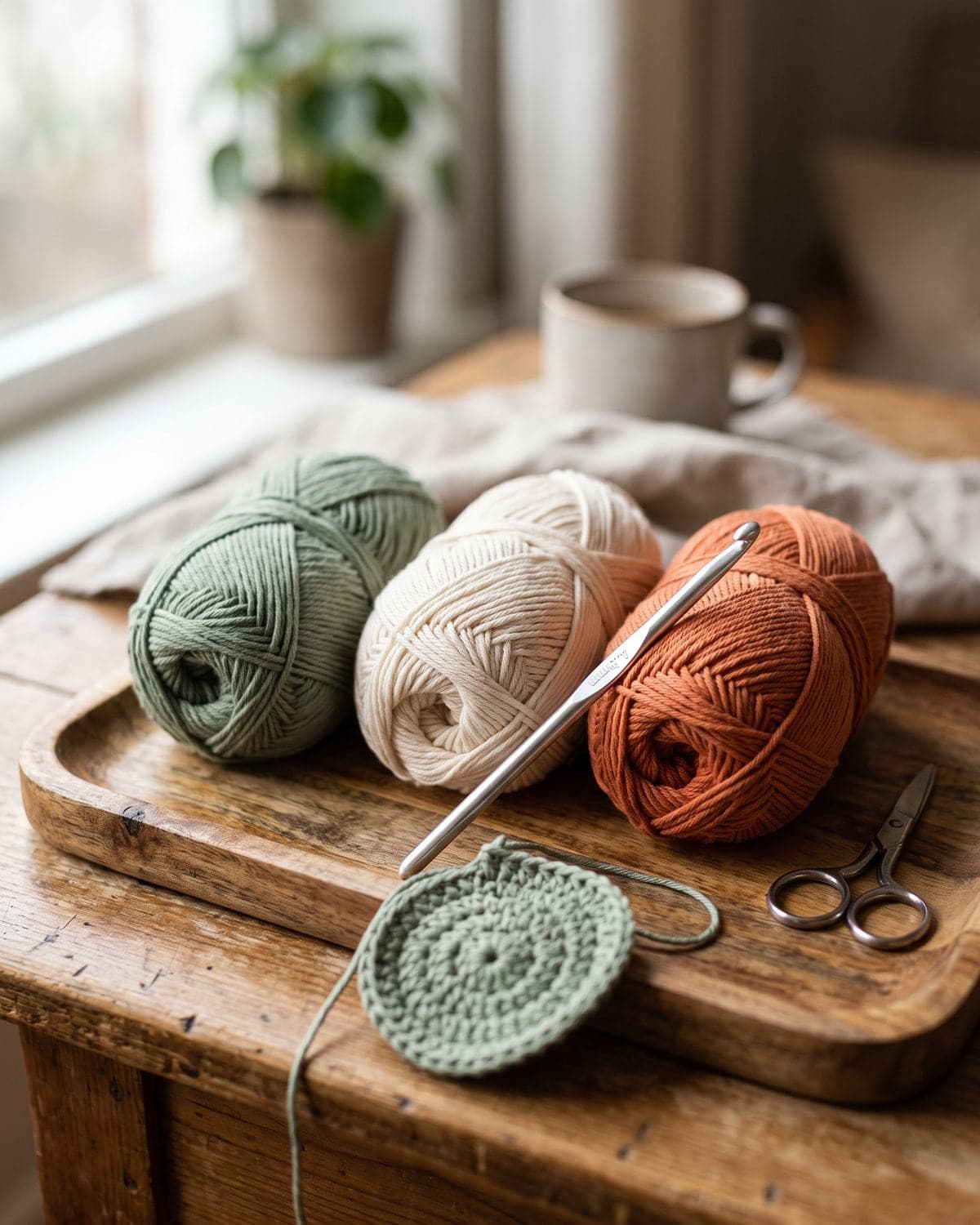 Balls of sage, cream and terracotta cotton yarn on a wooden tray with a hook, scissors and a small crochet circle