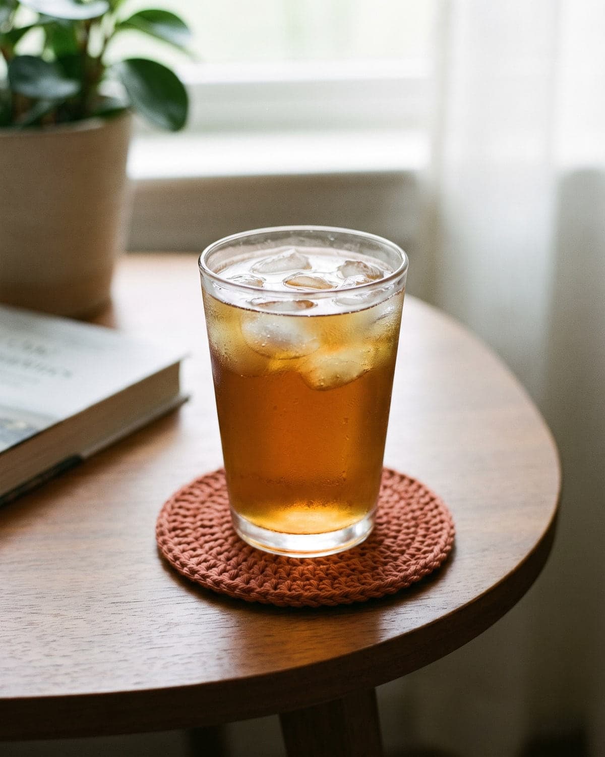 Glass of iced tea on a round terracotta crochet coaster on a wooden side table