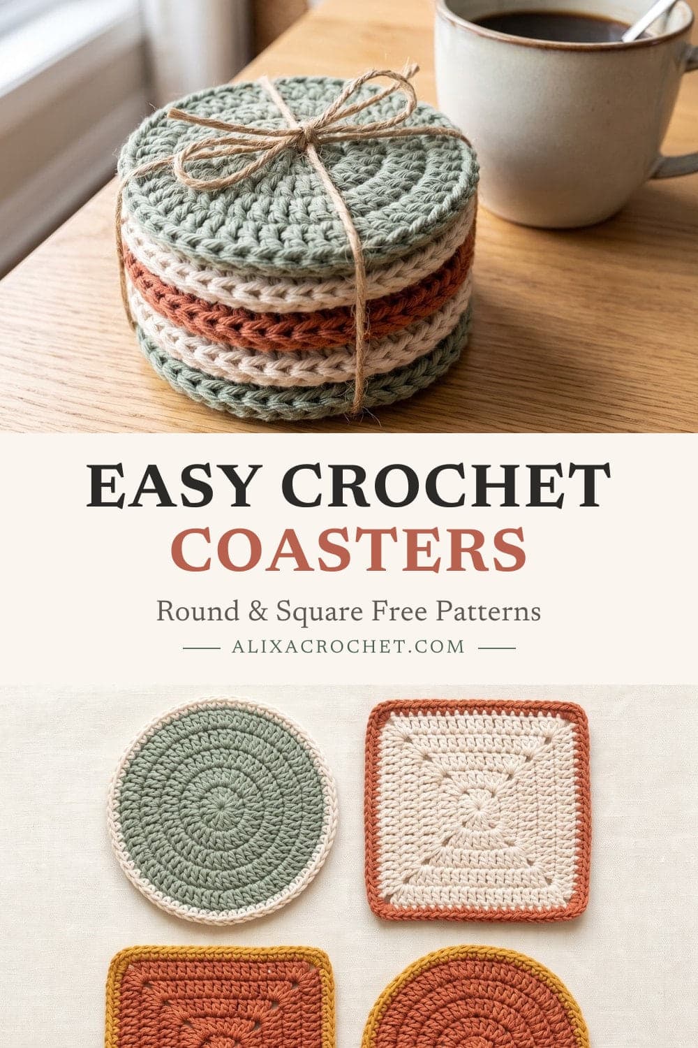 Pin graphic: Easy Crochet Coasters: Round and Square Patterns