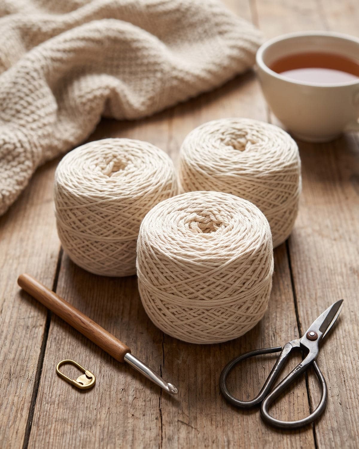 Three balls of cream cotton yarn with a crochet hook, a stitch marker and scissors on a wooden table